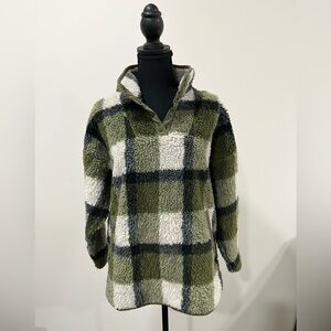 Madewell Sherpa popover tunic, green plaid.
